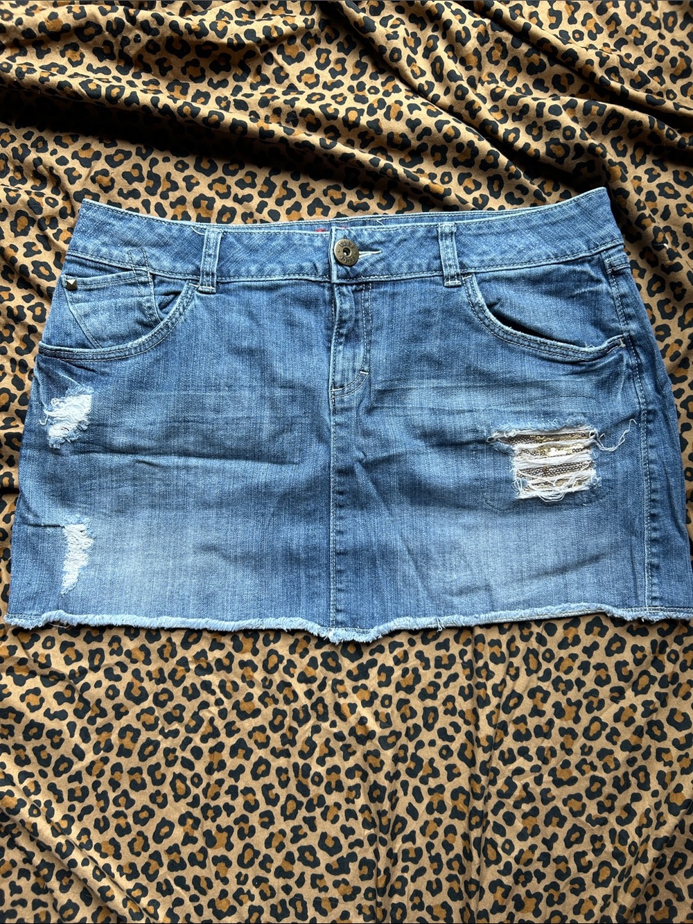 Elle Distressed Denim Mini Skirt, gold sequin detailing, size 14